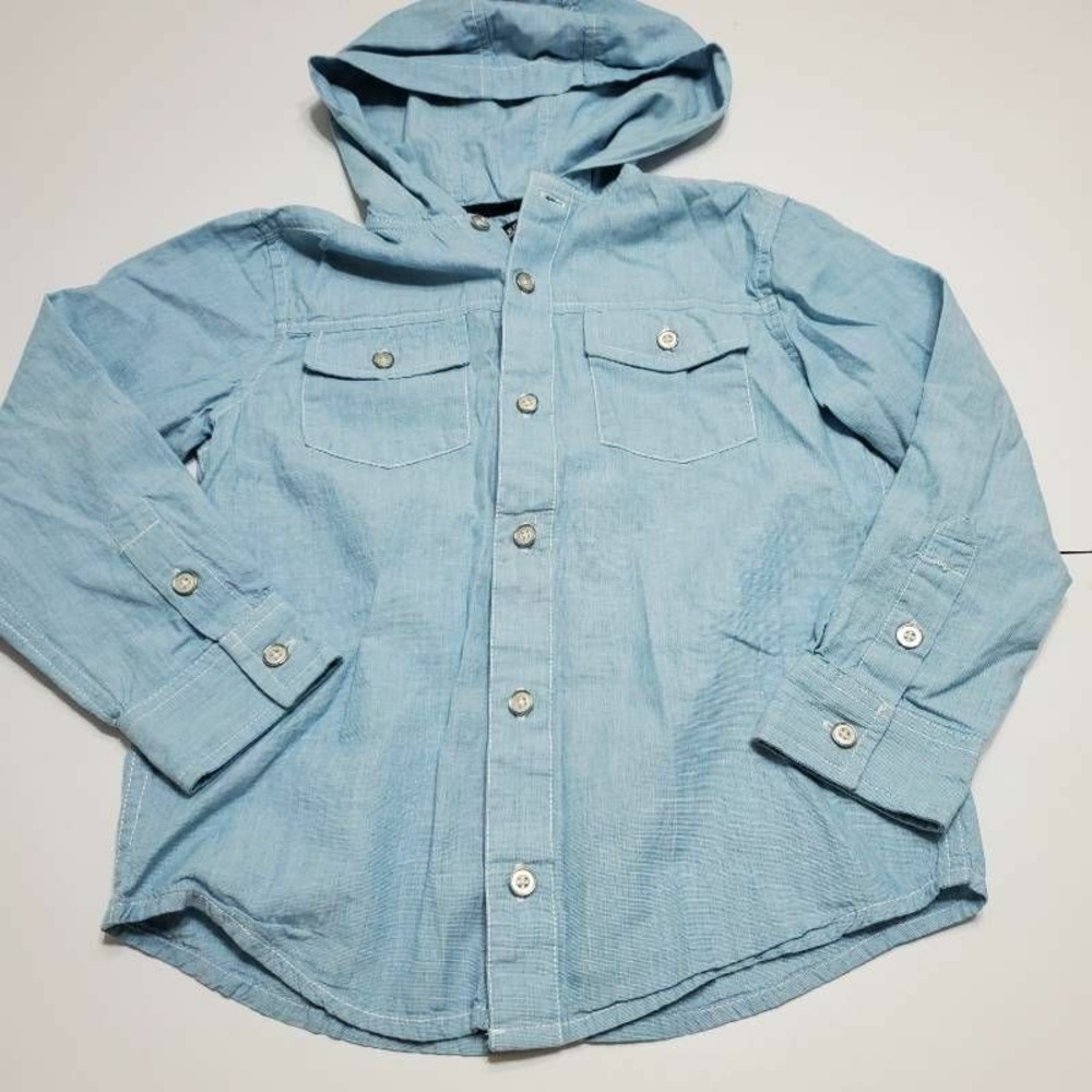 First Wave Boys Button Up Shirt Blue Hooded Long Sleeve Pockets 100% Cotton 7